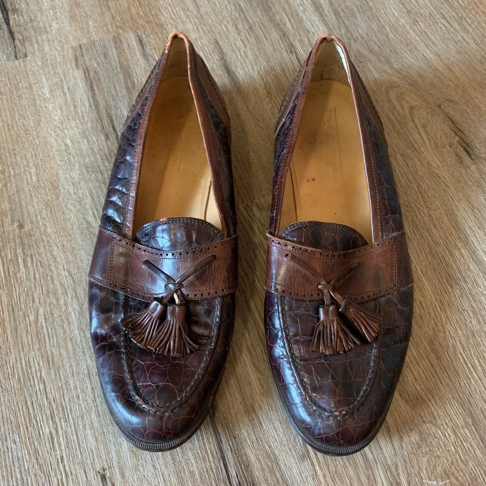 Johnston & Murphy brown crocodile leather tassel loafers - made Italy -size 11.5